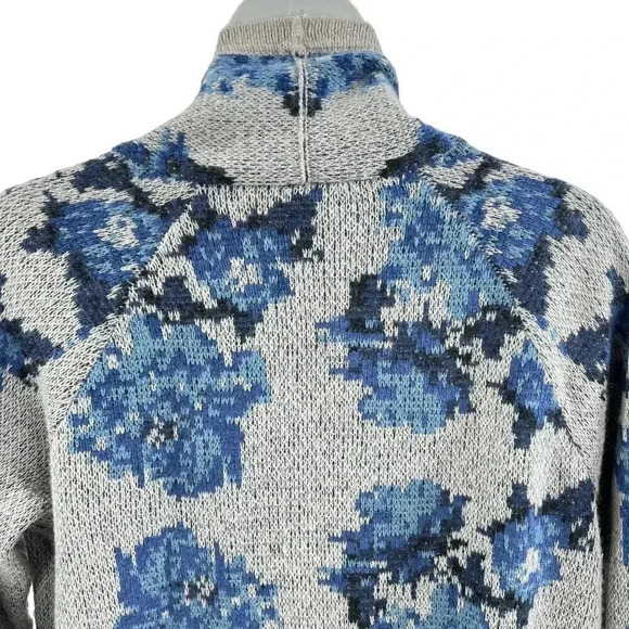 J Jill Vintage 1XL Wool Blend Gray Blue Floral Cardigan Pockets Grandmacore - Picture 3 of 12